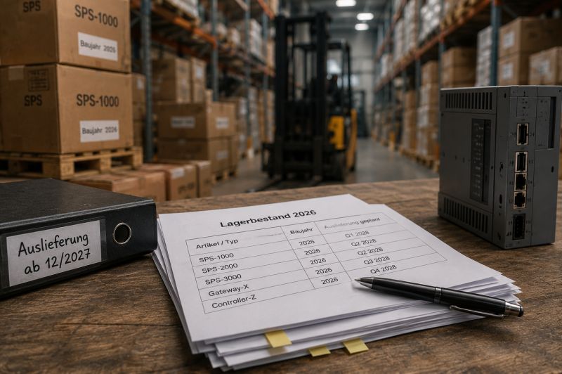 Warehouse with PLC devices manufactured in 2026, inventory list showing deliveries planned for 2028, and binder labeled "Delivery from 12/2027"