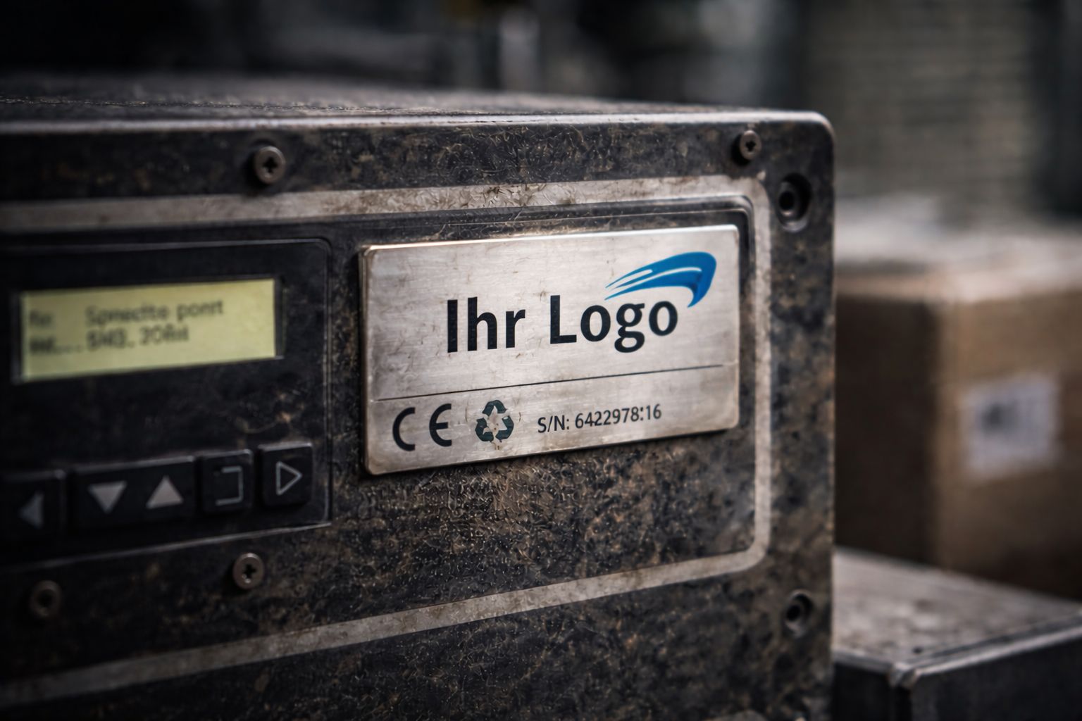 Industrial product with nameplate labeled 'Your Logo' and CE mark in a warehouse with shipping cartons