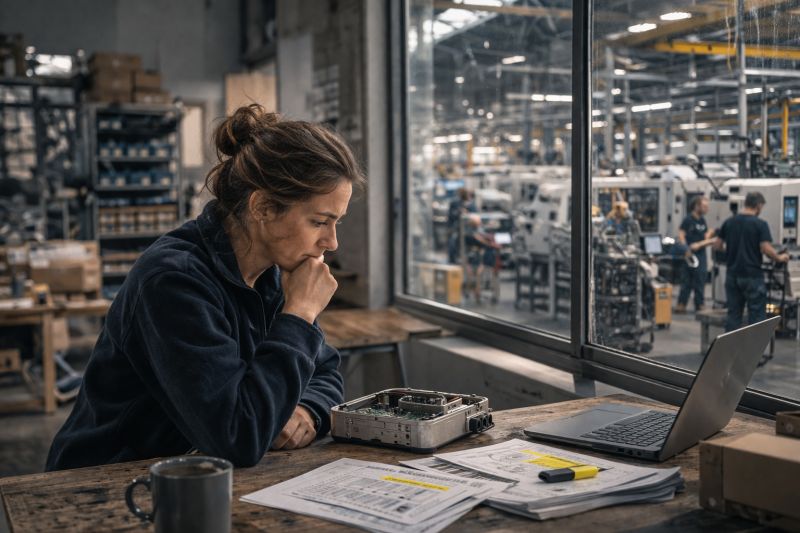 Mitarbeiterin eines Mittelständlers betrachtet nachdenklich Schaltplan und elektronisches Modul, Blick durch Fensterfront in die Produktionshalle