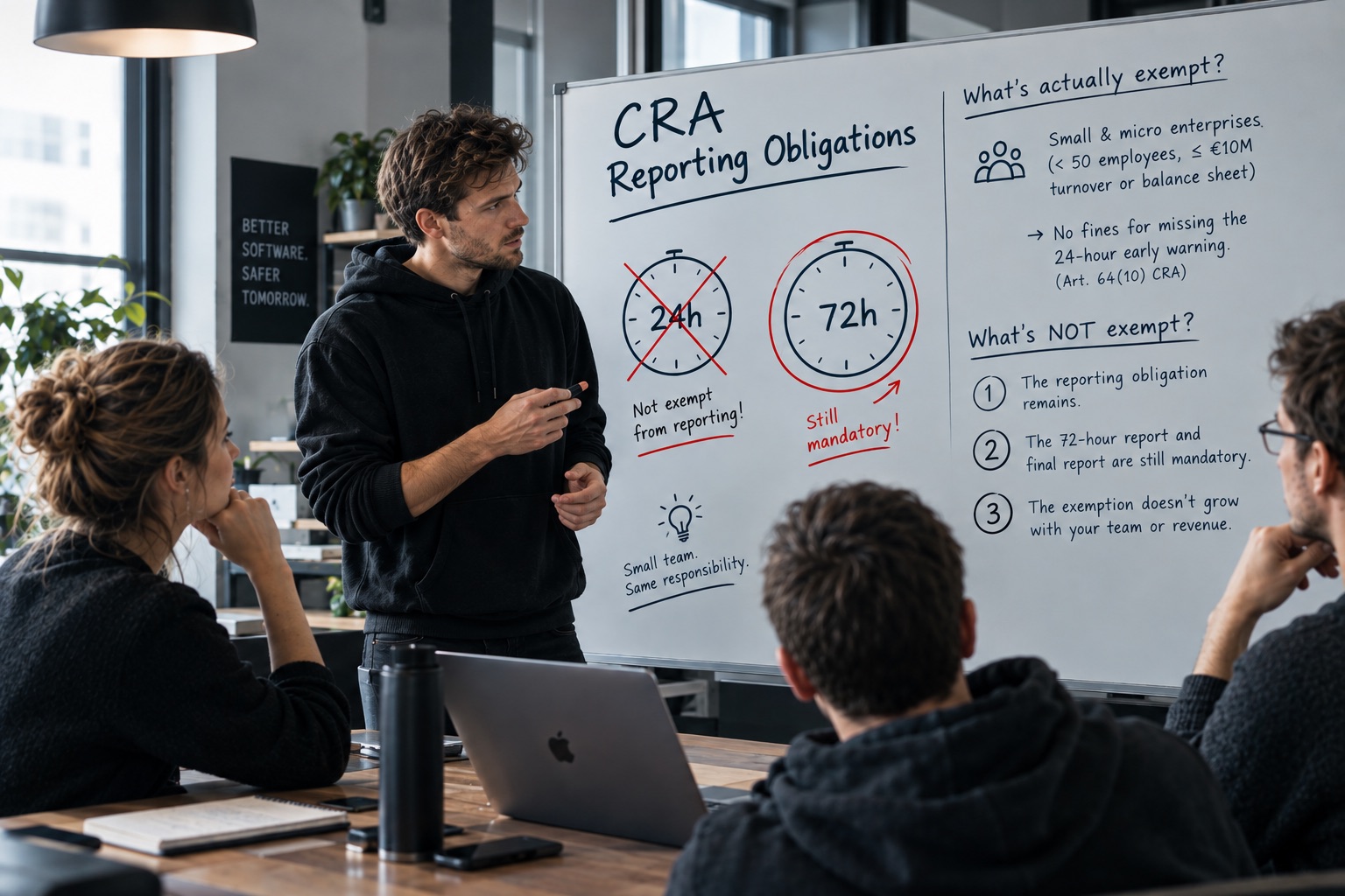 Startup team at a whiteboard showing a crossed-out 24-hour stopwatch, a 72-hour clock circled in red, and a checklist of the obligations small teams still have